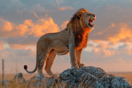 A powerful lion stands atop a rocky outcrop  its mane blowing in the wind  roaring towards the sky