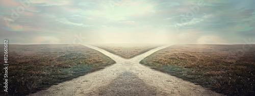 Symbolic image of a rural crossroads where two diverging dirt paths split. The concept of decision making and choice.