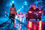 Dramatic scene showing a firefighter walking by vehicles on a snow-covered road with vibrant light reflections