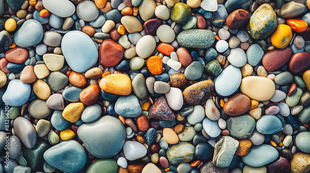 A collection of colorful rocks on a beach. The rocks are of various sizes and colors, creating a vibrant and lively scene. Concept of natural beauty and tranquility A collection of colorful rocks on a beach. The rocks are of various sizes and colors, creating a vibrant and lively scene. Concept of natural beauty and tranquility