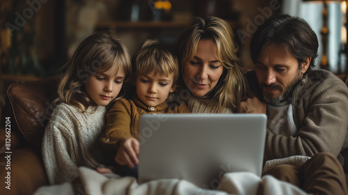 A family of four is sitting on a couch and looking at a laptop. The man is on the right, the woman is in the middle, and the two children are on the left. They are all smiling