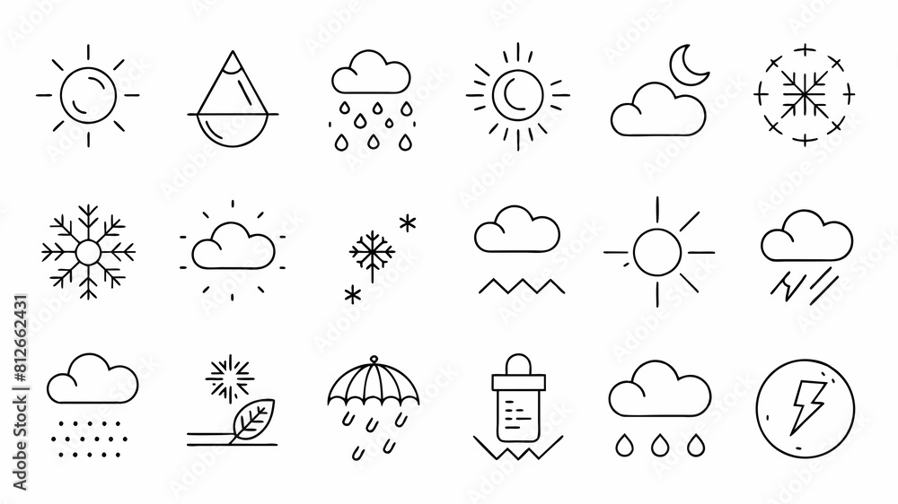 WEATHER - thin line vector icon set. Pixel perfect. Editable stroke. The set contains icons: Sun, Moon, Cloud, Winter, Summer, Rain, Snow, Blizzard, Umbrella, Snowflake, Sunrise, Wind. WEATHER - thin line vector icon set. Pixel perfect. Editable stroke. The set contains icons: Sun, Moon, Cloud, Winter, Summer, Rain, Snow, Blizzard, Umbrella, Snowflake, Sunrise, Wind.