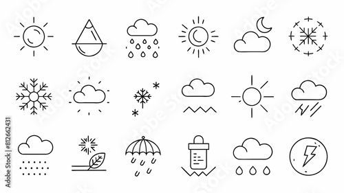 WEATHER - thin line vector icon set. Pixel perfect. Editable stroke. The set contains icons  Sun  Moon  Cloud  Winter  Summer  Rain  Snow  Blizzard  Umbrella  Snowflake  Sunrise  Wind.