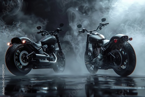 Two motorcycles parked side by side in a misty location. Suitable for transportation themes