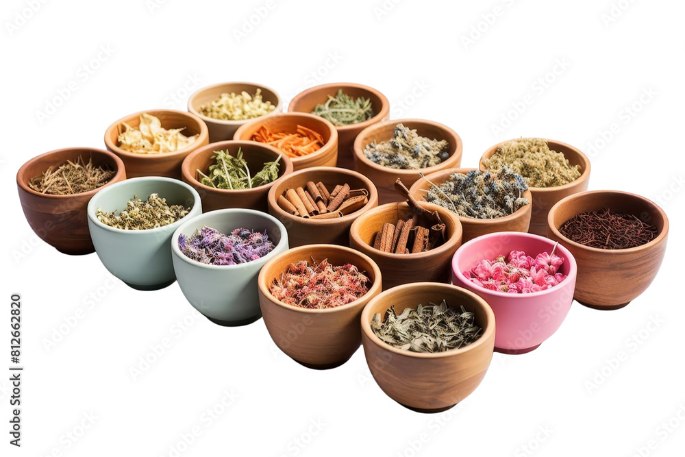 A collection of wooden bowls filled with various herbs and spices. The bowls are arranged in a row, with some containing more herbs than others. Scene is one of abundance and variety A collection of wooden bowls filled with various herbs and spices. The bowls are arranged in a row, with some containing more herbs than others. Scene is one of abundance and variety
