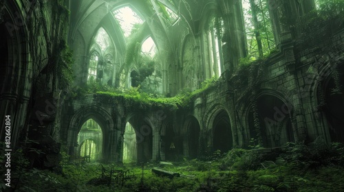 abandoned overgrown ruin in beautiful fantasy world