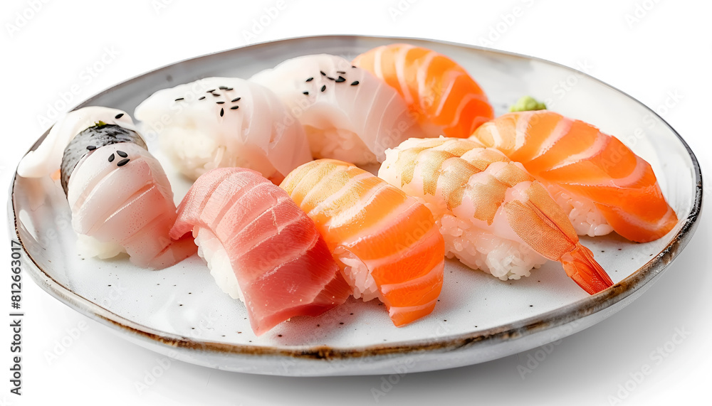 Plate with delicious nigiri sushi isolated on white Plate with delicious nigiri sushi isolated on white