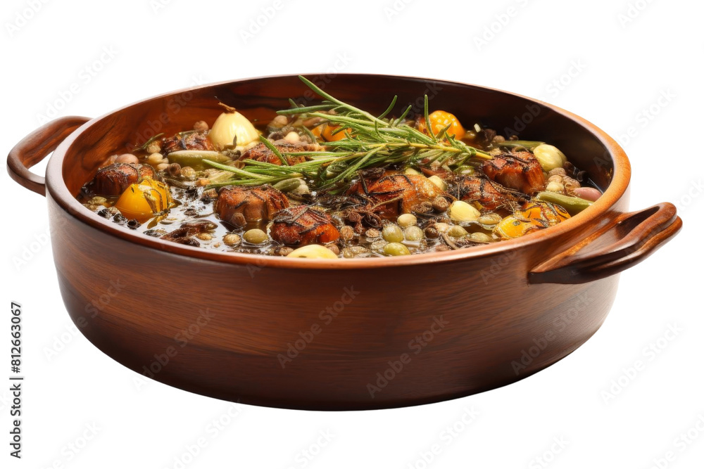 A bowl of food with a lot of meat and vegetables. The bowl is wooden and has a lot of herbs on top