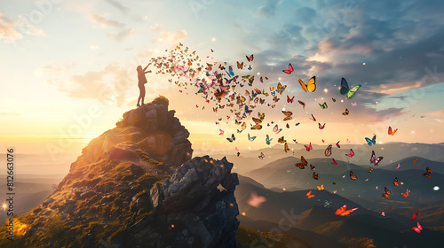 Release of the Butterflies: Person Throwing Butterfly into Colorful Swarm - silhouette of a person standing on a rockin the mountains  photo
