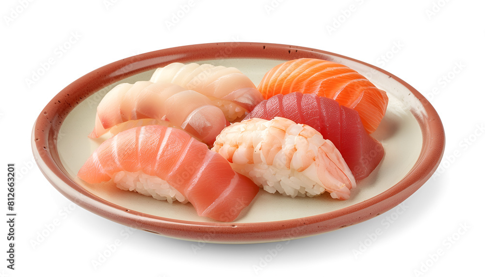 Plate with delicious nigiri sushi isolated on white Plate with delicious nigiri sushi isolated on white