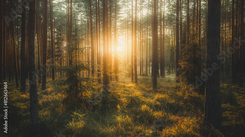 A forest with trees and a sun shining through the trees