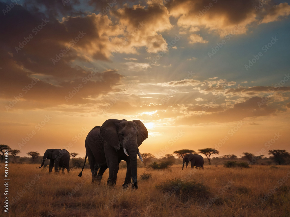 Evening Stroll, Herd of Elephants Silhouetted Against Savanna Sky at Sunset.