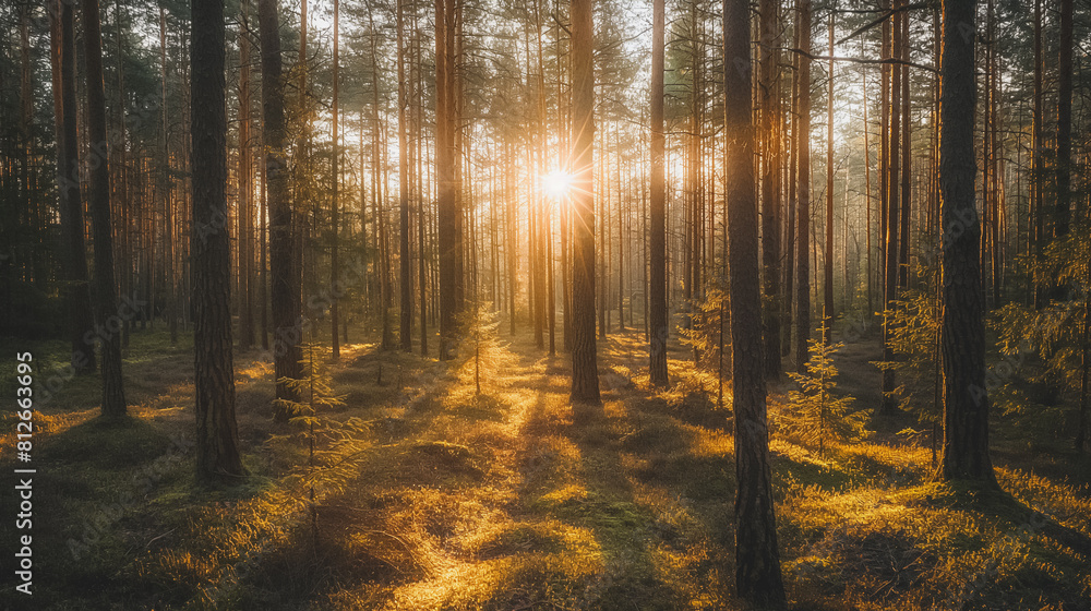 Fototapeta premium A forest with a sun shining through the trees. The sun is bright and warm, casting a golden glow on the forest floor. The trees are tall and leafy, creating a peaceful and serene atmosphere