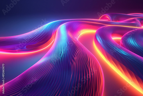 A stunning visual of flowing neon light ribbons in vibrant colors, creating an immersive abstract digital artwork.