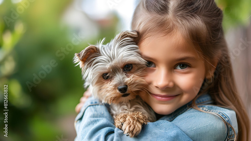 Therapeutic Play: Pets involved in activities that promote mental stimulation treatment and care of pets, Smiling girl hugging Yorkshire Terrier outdoors. Close-up portrait with shallow depth of field