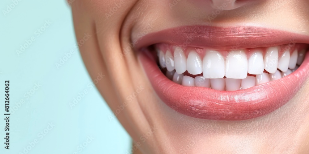 Fototapeta premium Perfect female smile, Dental advertising, banner for teeth whitening services, showing a close-up of a woman's perfect white teeth.