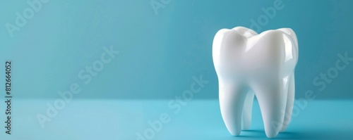 Healthy white tooth on a blue background. Dentistry concept  background or banner for a dental business with copy space.