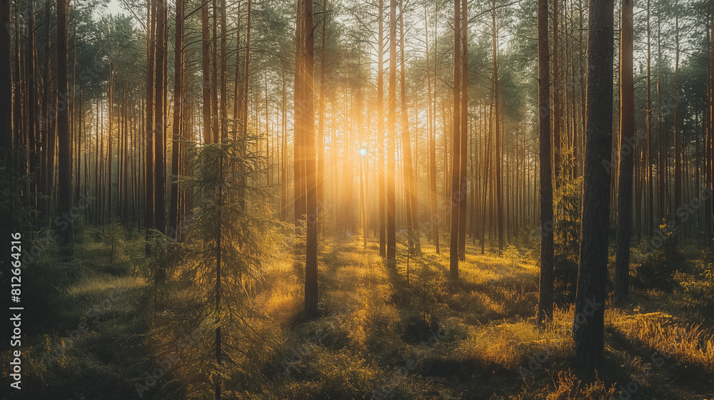 Fototapeta premium A forest with a sun shining through the trees