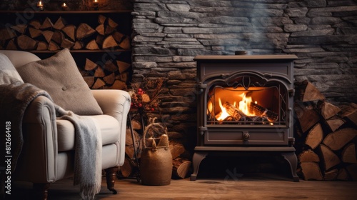 A real wood burning in it  cozy winter concept  Christmas and travel background