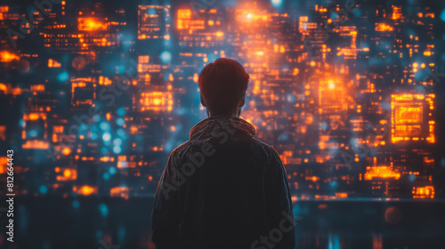 A man stands in front of a computer screen with a city view
