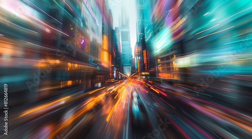 Modern cityscape background with light trails & speed, symbolizing business & tech.