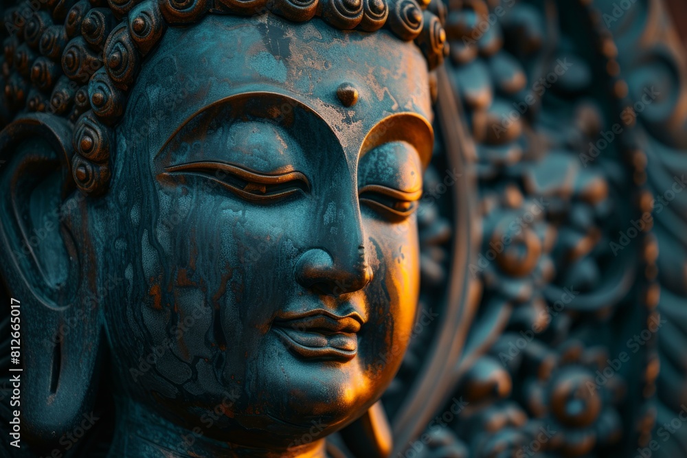 Close-up of a serene buddha face sculpture with artistic warm color tones Close-up of a serene buddha face sculpture with artistic warm color tones