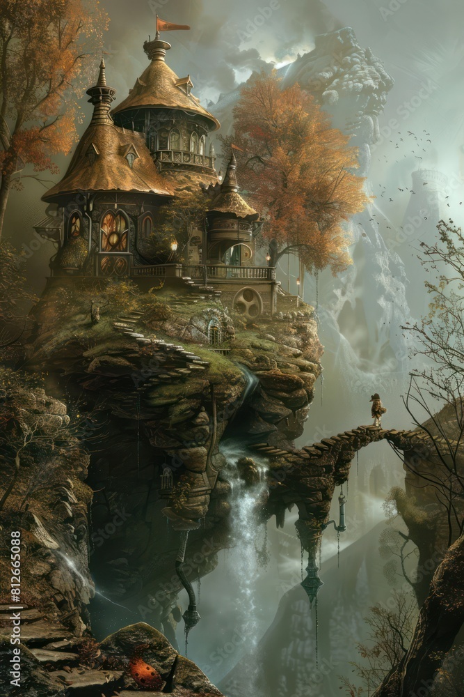 Obraz premium An elaborate fantasy house sits on a floating island with waterfalls and a stone bridge in an ethereal environment