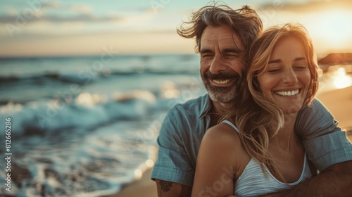 happy mature man being hugged by his wife at the beach  young couple having fun at the sea shore