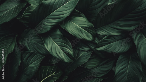 Close up of dark green leaves with a dark background
