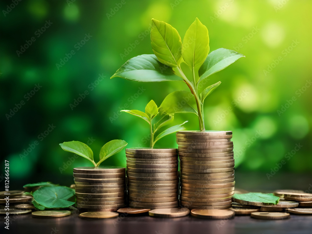 Concept of financial success and investment growth,coin startup on coins stacking with green leaves plant growth up on top Concept of financial success and investment growth,coin startup on coins stacking with green leaves plant growth up on top
