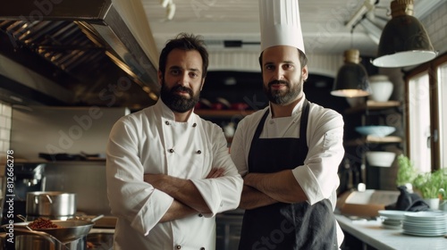A restaurant owner with chef in kitchen. Businessman and professional cook standing together