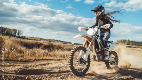  White woman practicing motocross sport, person is focused and enjoying the sport, sports photography, generative ai