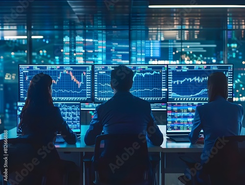 Financial Analysts Monitoring Real Time Market Data on Multiple Digital Displays for Business Intelligence and Investment Strategies