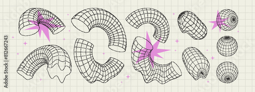 Abstract Geometric 3D shapes.Wireframe elements in trendy futuristic style with a grainy stippling effect. Brutal form - torus and sphere. Vector modern dots illustration. Brutalism Y2K graphic.