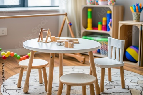 A small playroom with a white table and chairs  and a rug. There are many toys scattered around the room  including a ball and a stack of blocks. The room has a cozy and playful atmosphere