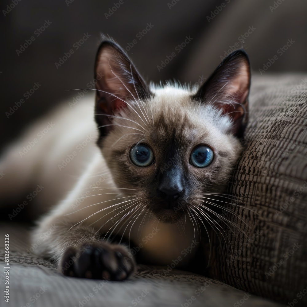 A cute Siamese kitten is sitting on a couch and looking at the camera with its big blue eyes.