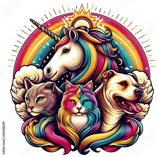 Many animals include dogs, cats, unicorns with rainbow hair image art realistic photo lively illustrator. photo