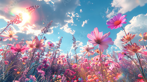 Psychedelic Spring: Aesthetic Landscape with Colorful pink Flowers and Joyful Vibes - flowers in the field and wind © LiezDesign