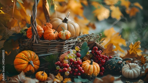 Bright background with beautiful thanksgiving decorating. Pumpkins with fruits  flowers  vegetables and leaves.