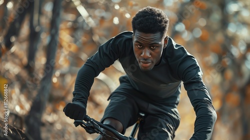 Black man practicing mountain biking sport, person is focused and enjoying the sport, sports photography, generative ai