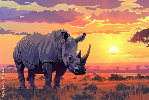 Majestic rhino in a field at sunset, suitable for wildlife or nature themes © Ева Поликарпова
