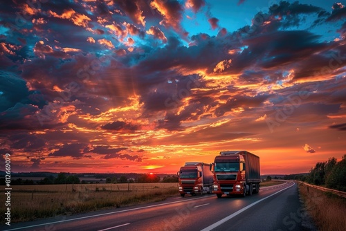 Two semi trucks driving down a highway at sunset. Perfect for transportation industry promotions © Ева Поликарпова