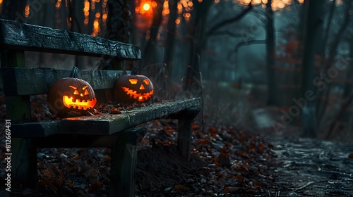 Halloween pumpkins in the forest at night.Halloween background with Evil Pumpkin. Spooky scary dark Night forrest. Holiday halloween banner background