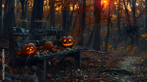 Halloween pumpkins in the forest at night.Halloween background with Evil Pumpkin. Spooky scary dark Night forrest. Holiday halloween banner background