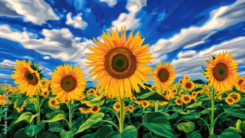 Fototapeta premium Vector Sunflowers Meadow in Oil Painting Flowers with blue sky with clouds