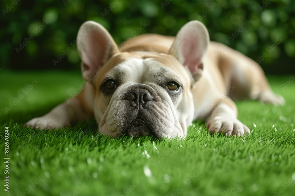 Serene french bulldog enjoys a restful moment on a lush green lawn