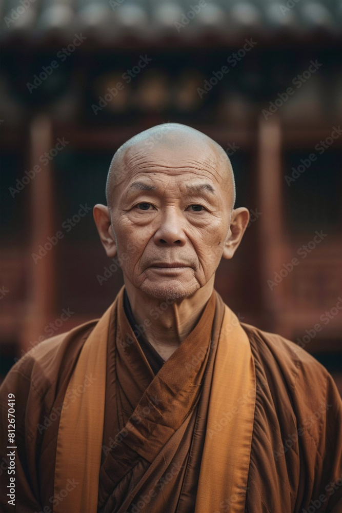 Buddhist monk standing outside the temple Buddhist monk standing outside the temple