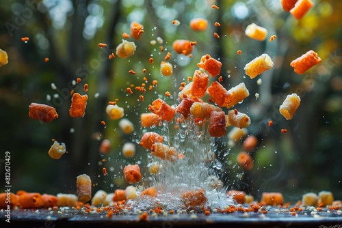 A vibrant explosion of snacks captured mid-air, showcasing a mix of textures and contrast against a soft, blurry background