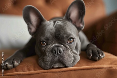 Adorable grey french bulldog with sharp, attentive eyes resting on a soft, brown couch © anatolir