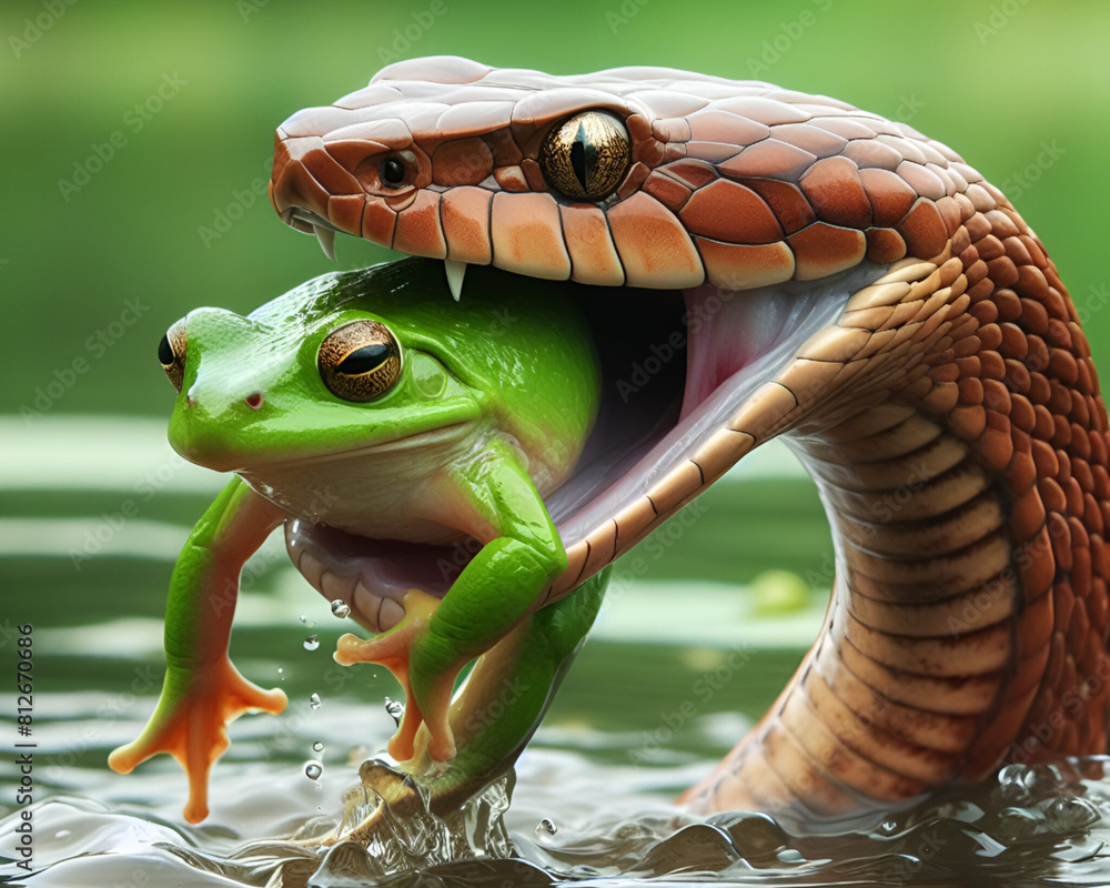 Fototapeta premium A snake hunting a frog. 